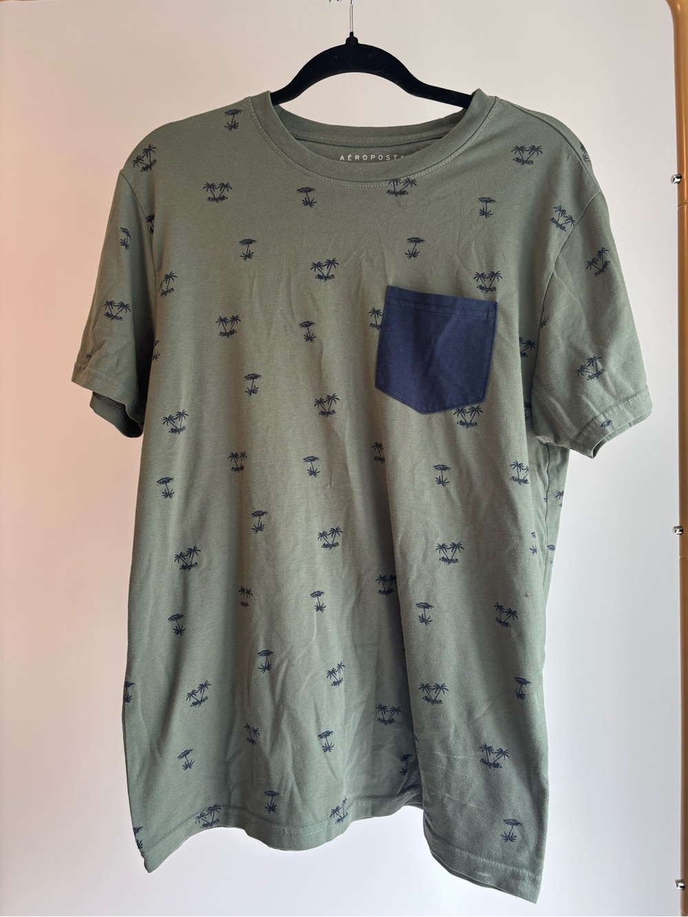 Aeropostale Men’s Olive Green Short Sleeve Tee with Navy Pocket Size Small